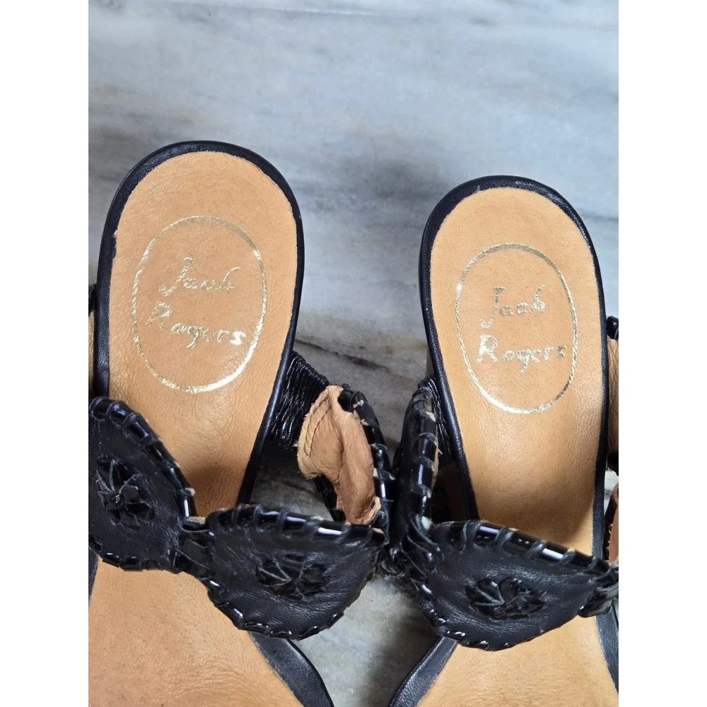 Jack‎ Rogers Womens Black Leather Whipstitched Rondelle Wedge Sandals Size 6M
